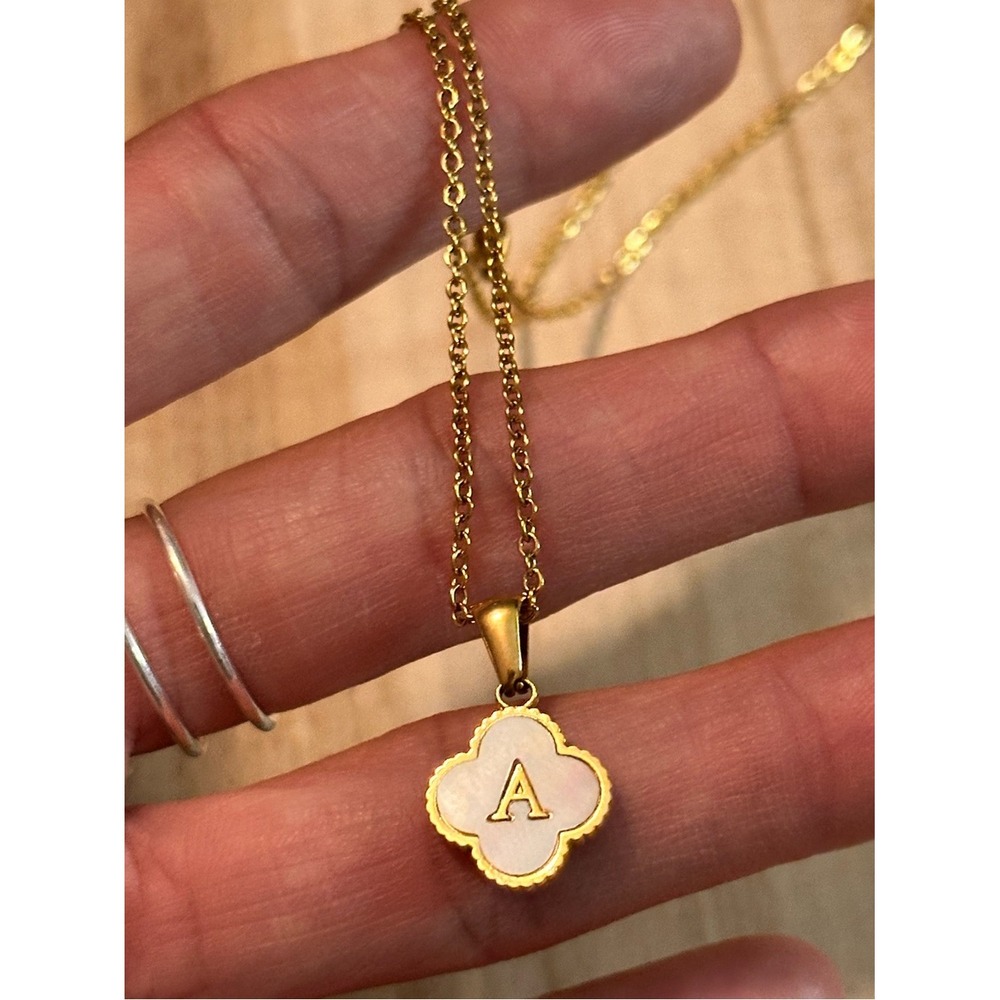 Gold Stainless Steel Initial A Clover Necklace White Pendant 18" Chain